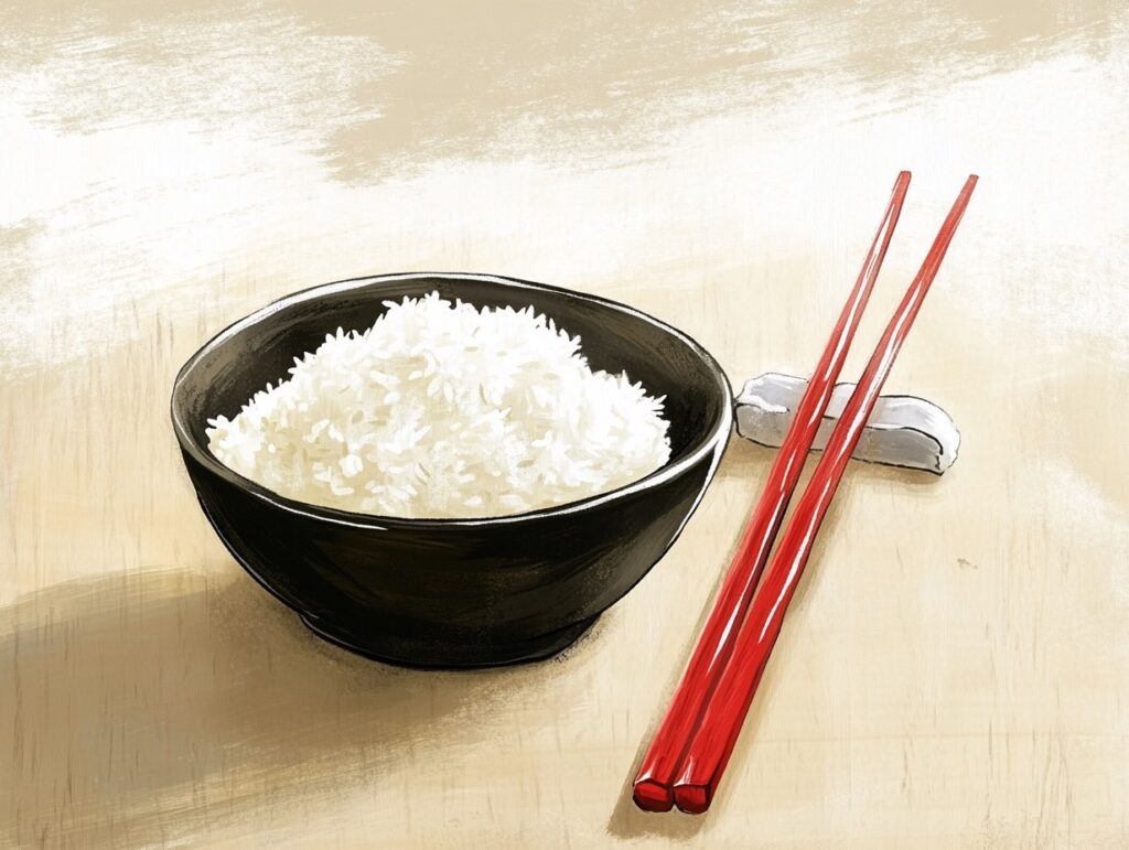 Chopsticks on a table with rice